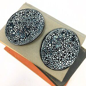 Pair Handmade Dotted Relief Glazed Ceramic Blue White Oval Trinket Dishes Decor